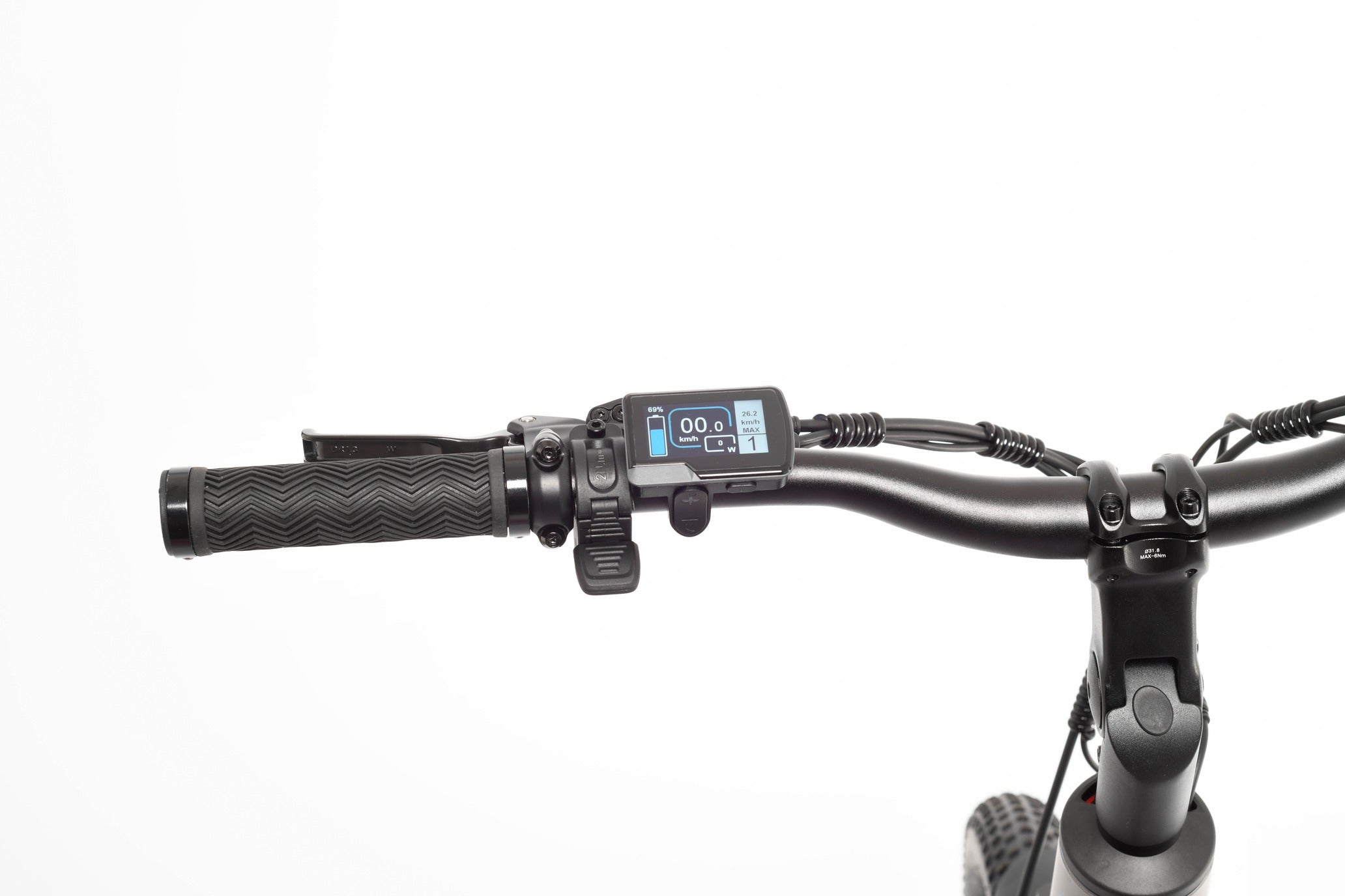 Close-up of bicycle handlebar with digital display on a white background