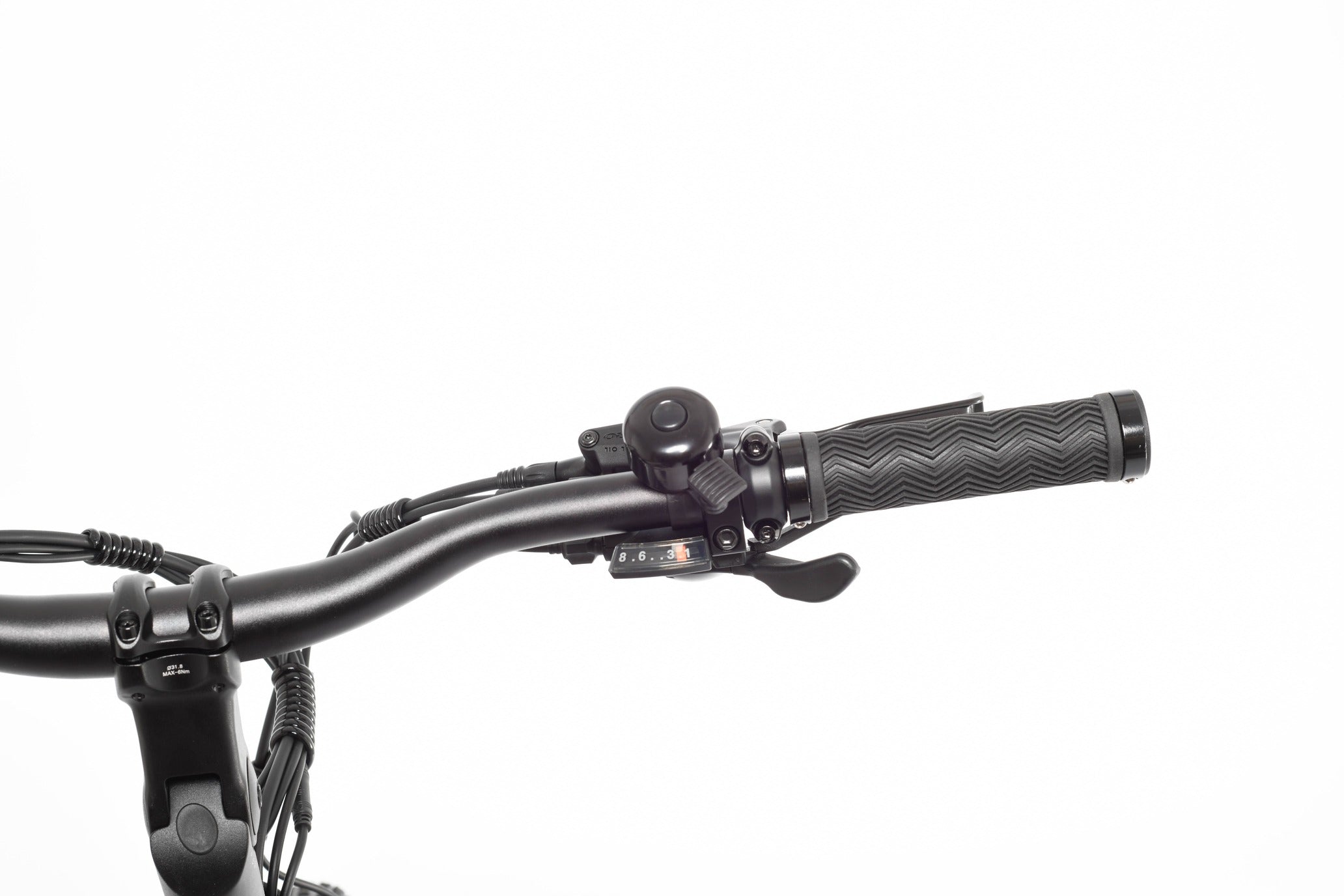 Close-up of a bicycle handlebar with black grips and brake lever on a white background