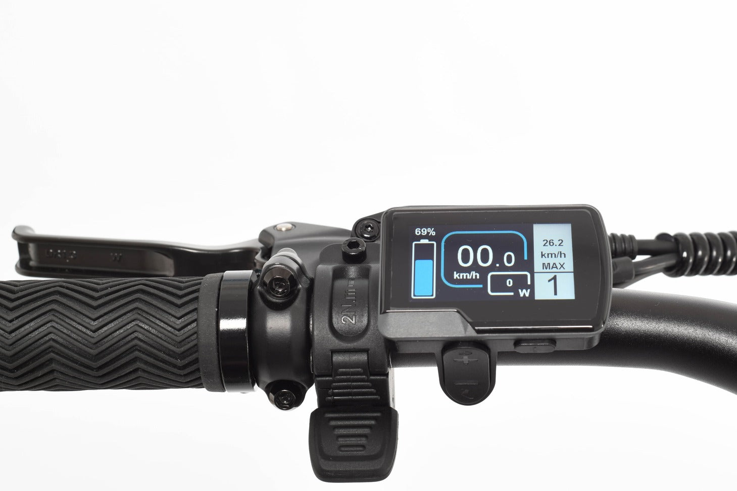 Close-up of an electric bike handlebar with a digital display on a white background