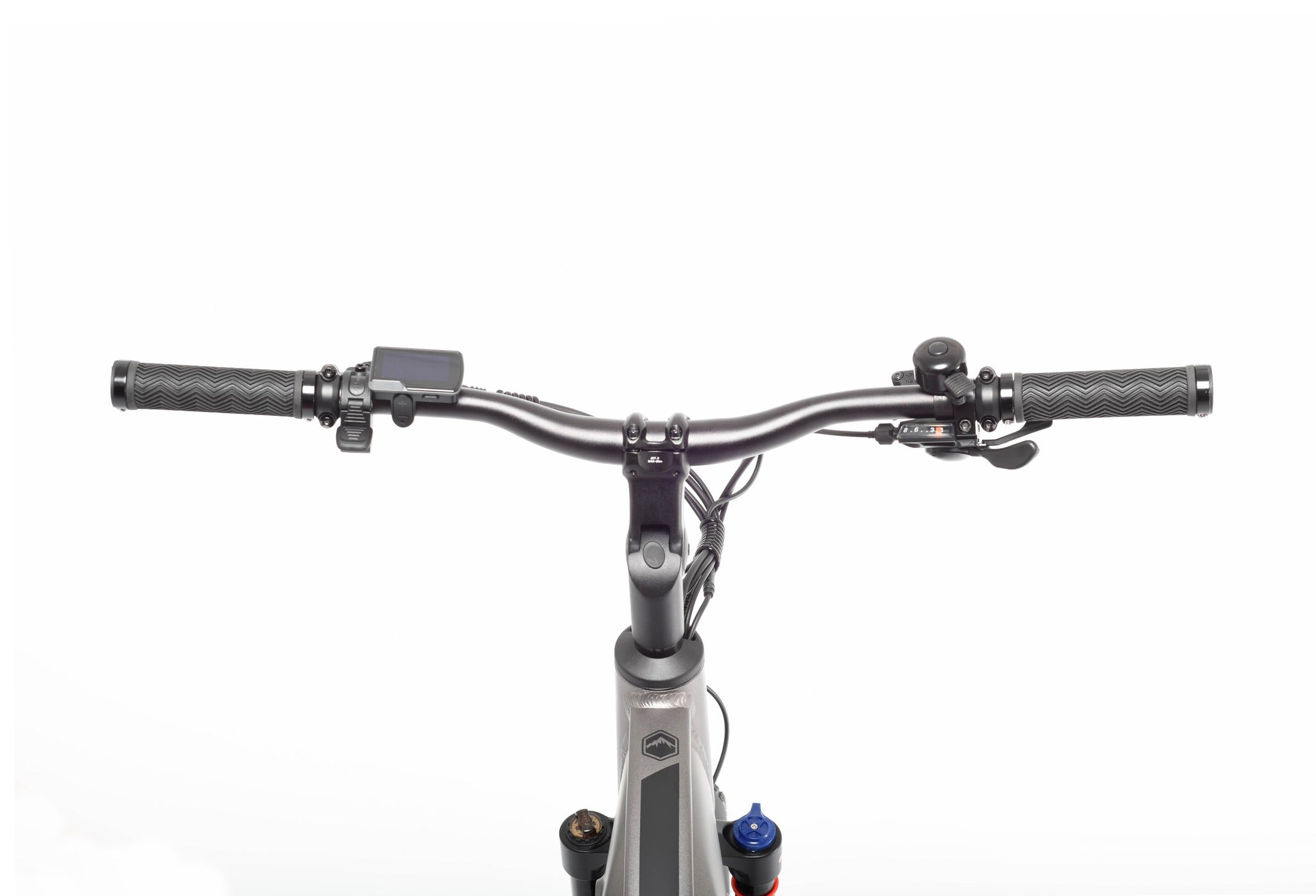 Close-up of bicycle handlebars with a white background