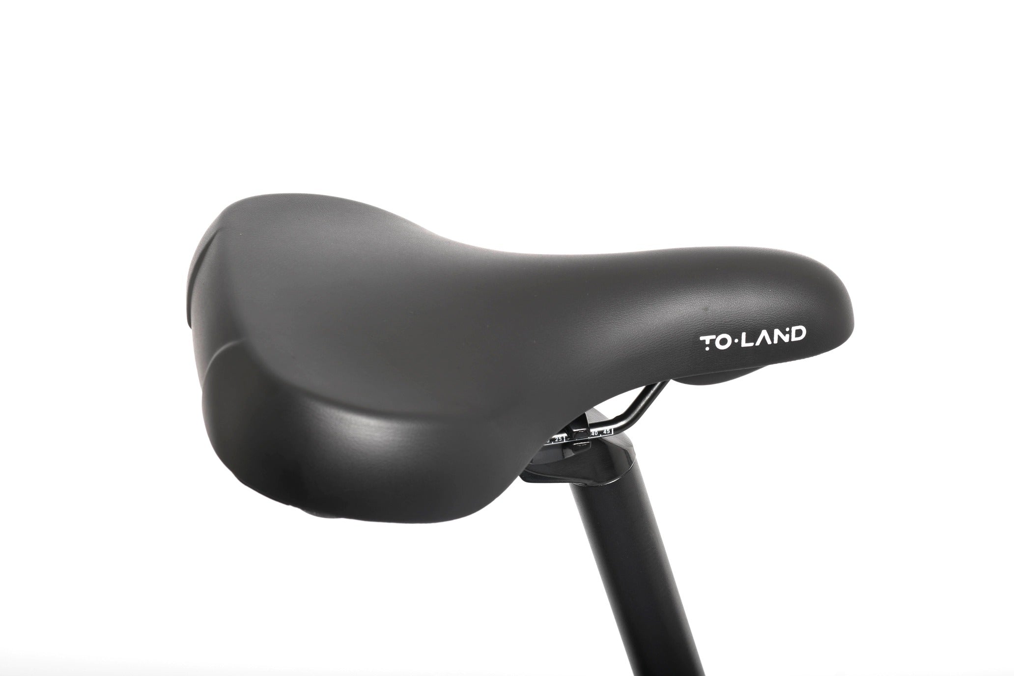Black bicycle saddle with 'ToLand' branding on a white background