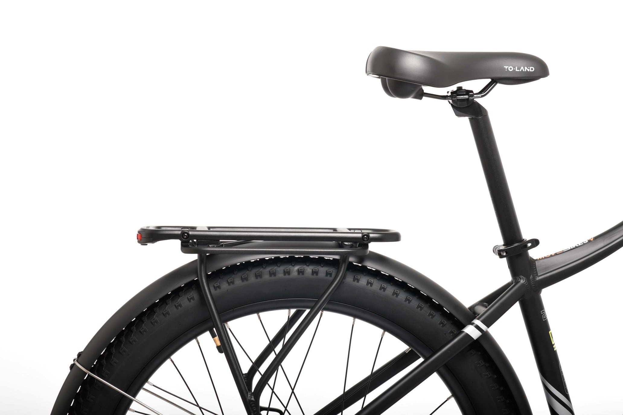 Black bicycle with a rear rack on a white background