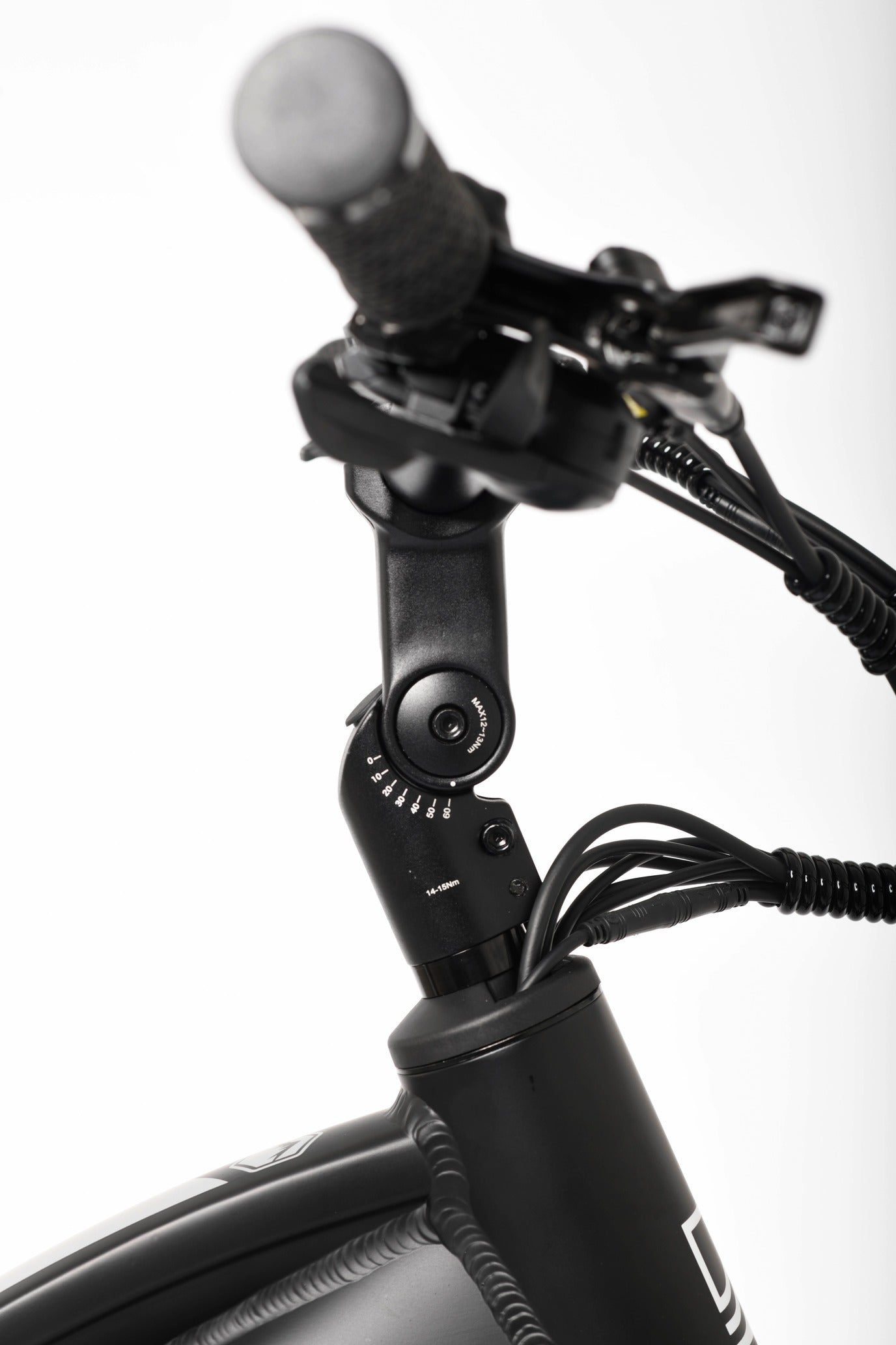 Close-up of a bicycle handlebar with control levers on a white background