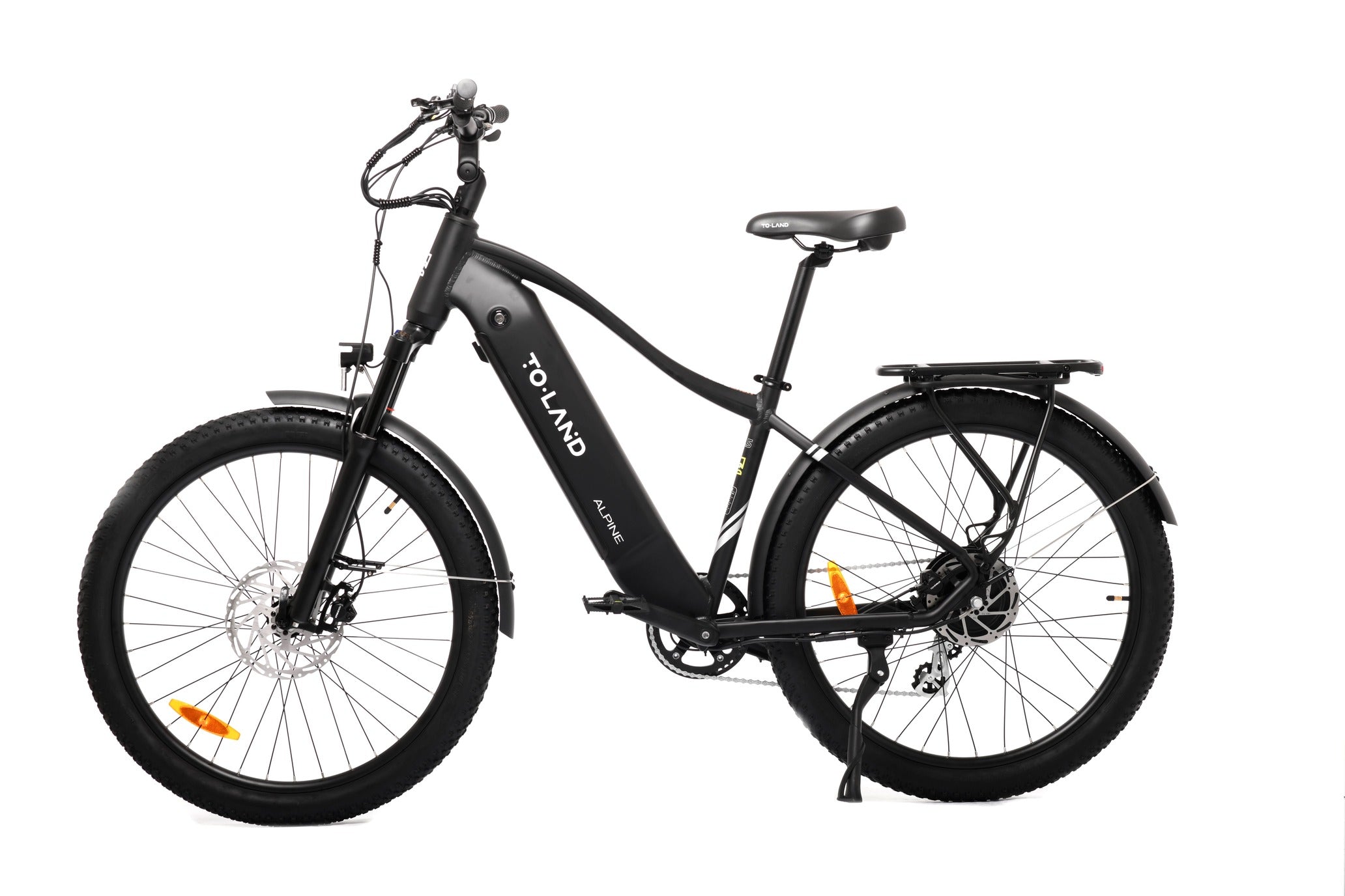 Black electric bicycle with 'Toland' branding on a white background