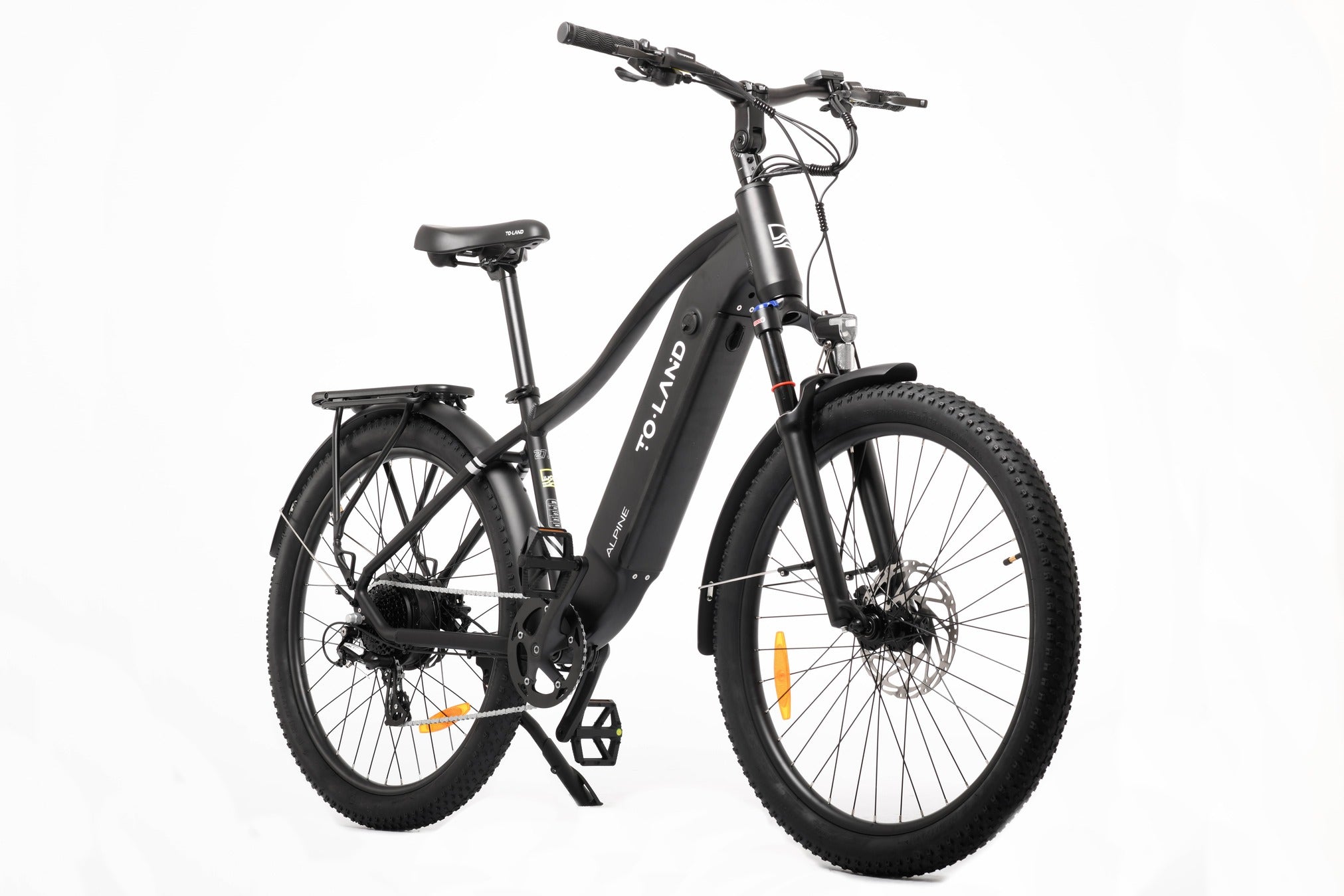 Black electric bike with 'Toland' branding on a white background