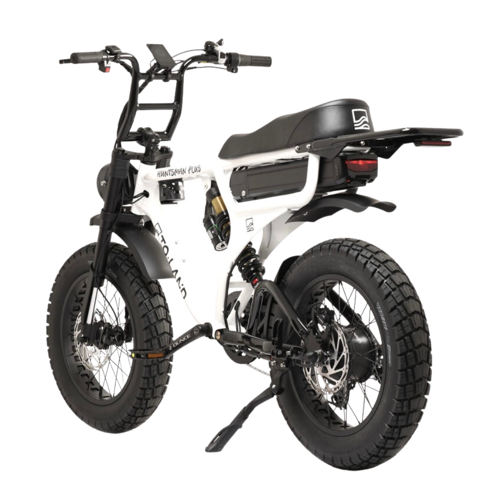 White electric bike with black accents on a white background