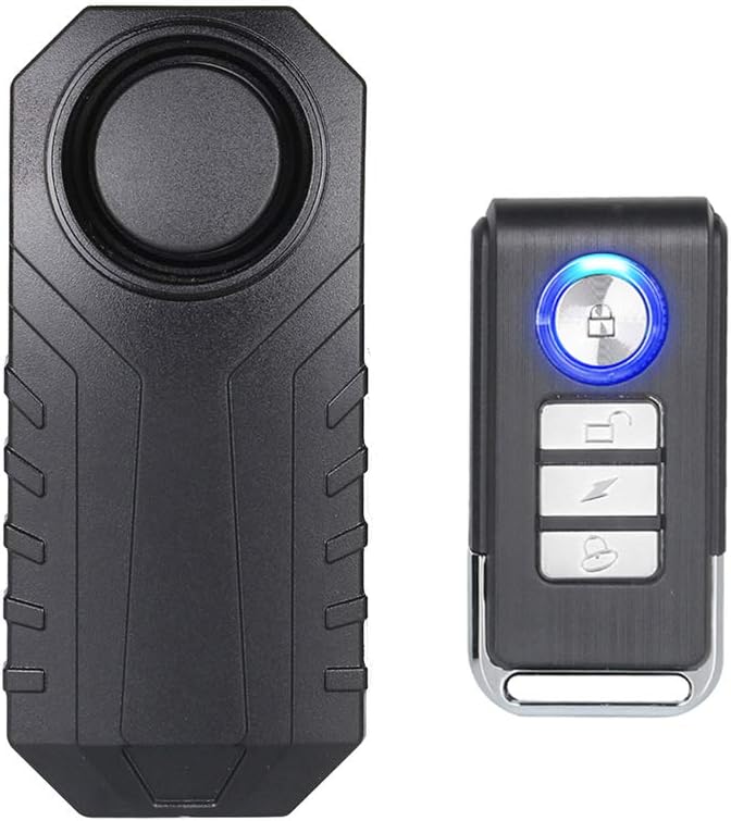 A wireless alarm system for bikes or motorcycles, featuring a black casing with a key fob and a blue LED indicator light.