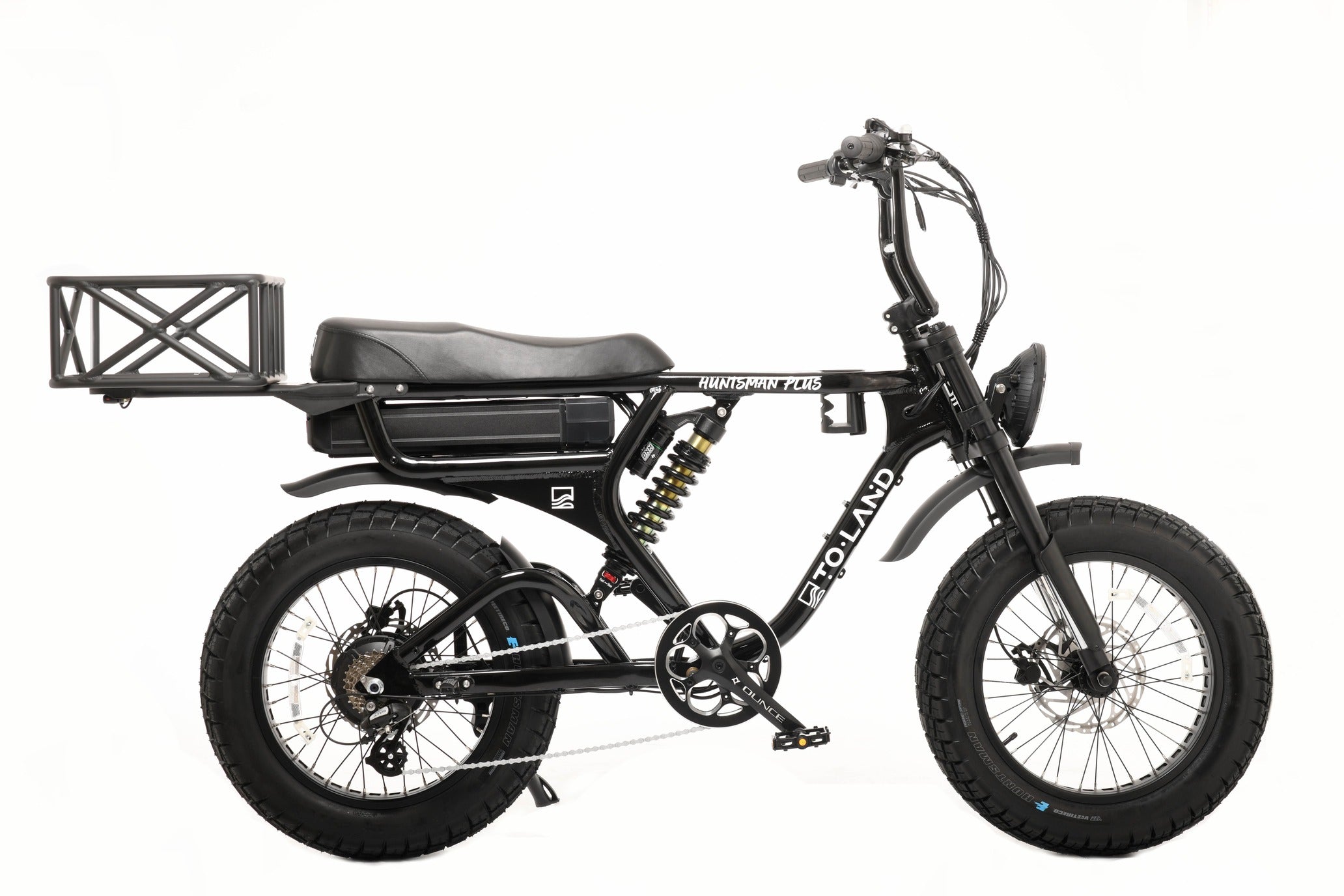 Black electric bike with a small basket attached to the back on a white background
