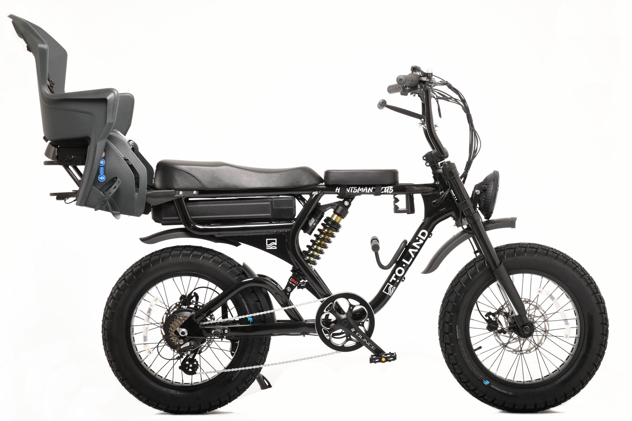 Black electric bike with a child seat on a white background