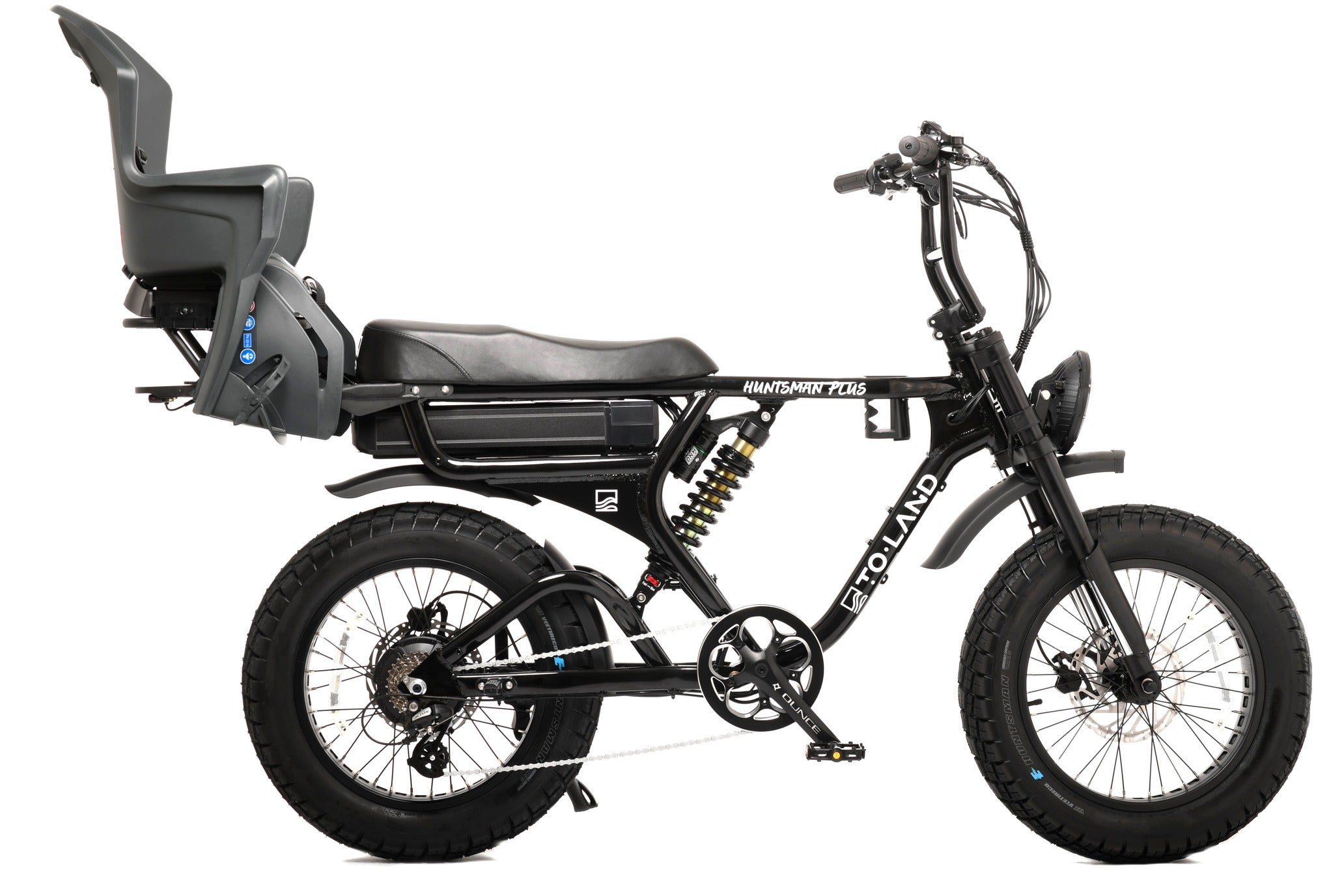 Black electric bike with a child seat on a white background
