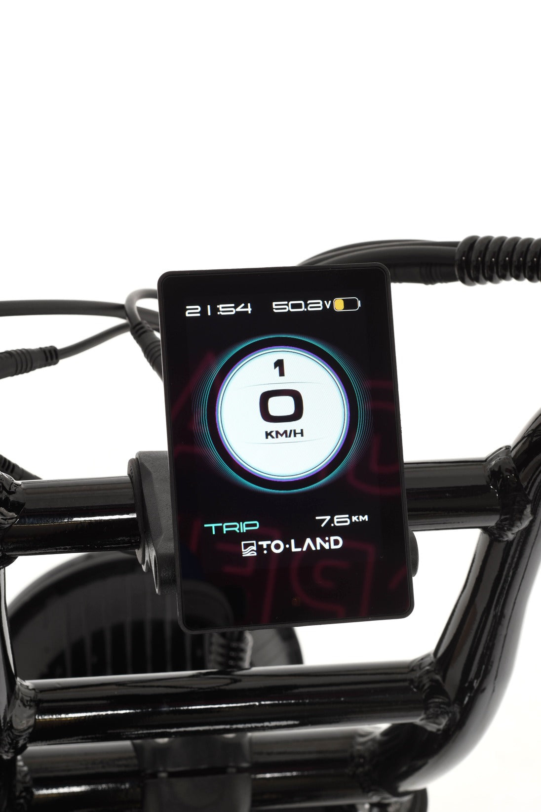 Digital display on an electric bike handlebar showing speed and other information.