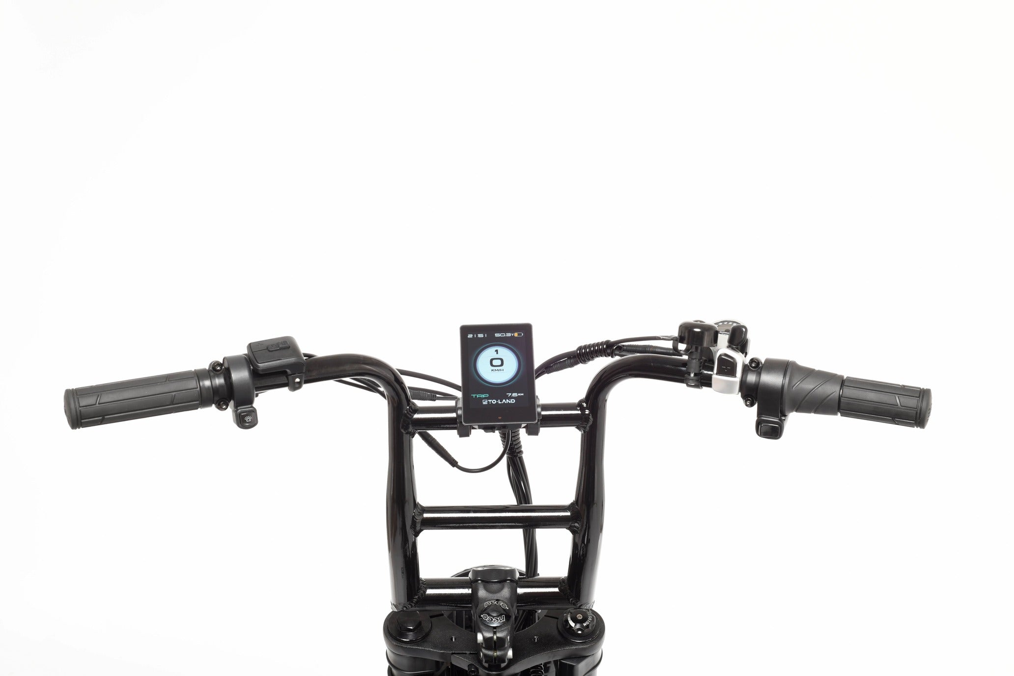 Black electric bike handlebar with a digital display on a white background