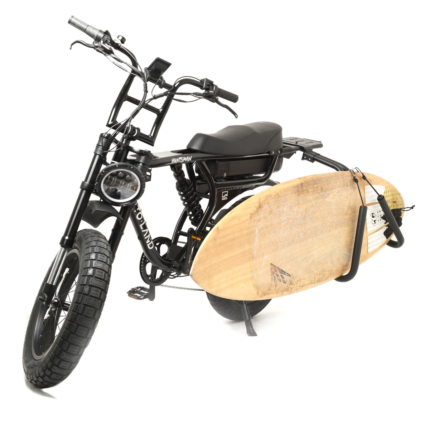 Black electric bike with a wooden surfboard attached on a white background