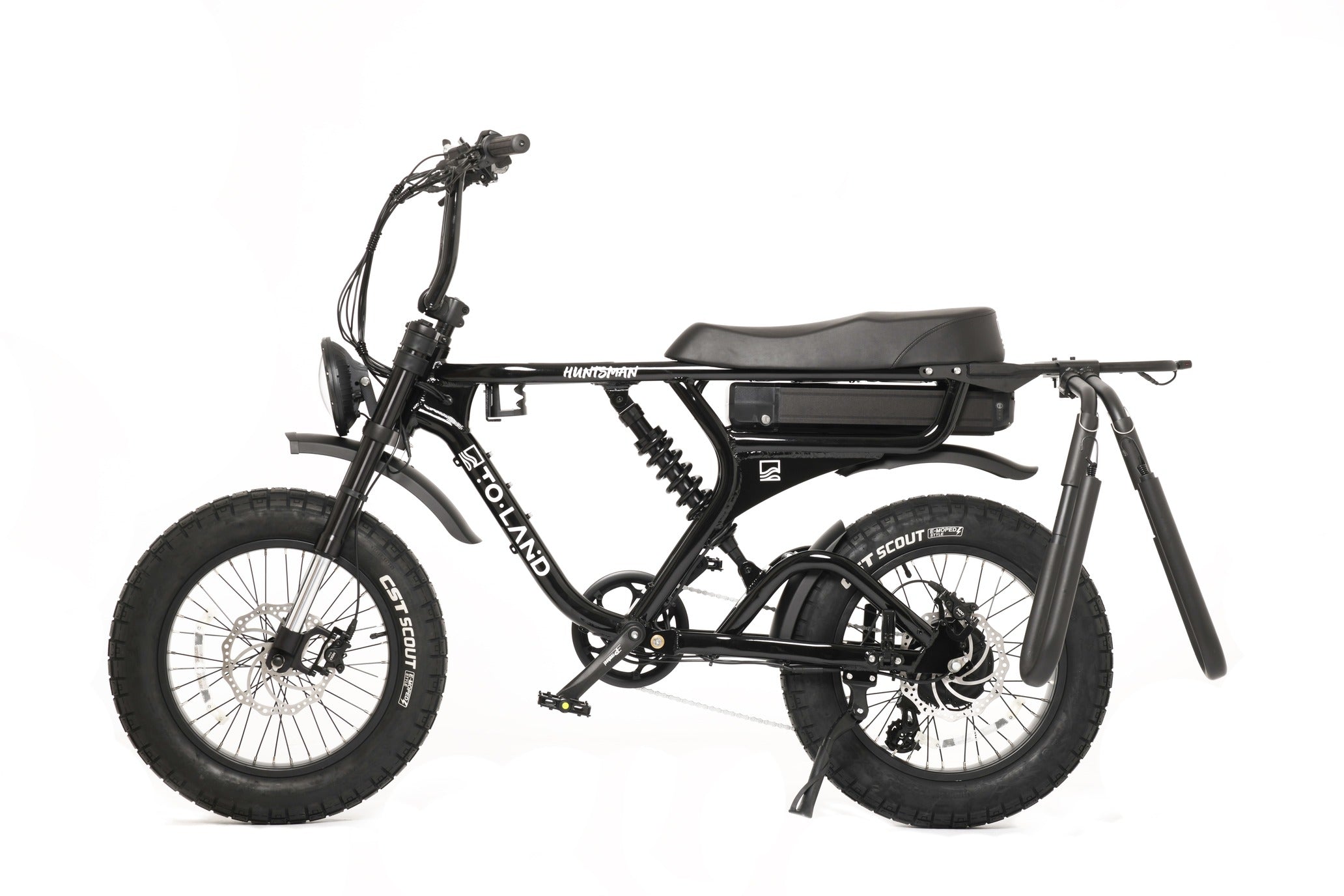 Black electric bike with visible branding on a white background