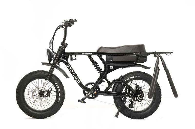 Black electric bike with visible branding on a white background