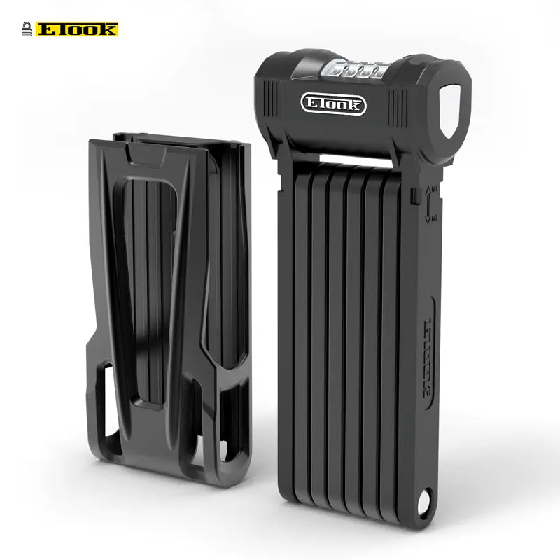 A black foldable combination bike lock with the brand name E-100K displayed on the locking mechanism.