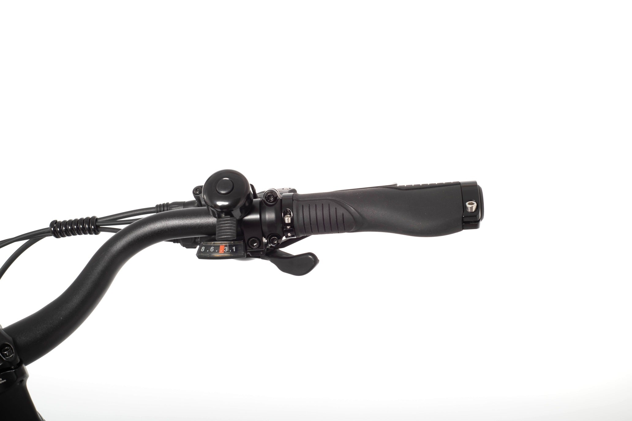 Close-up of a black bicycle handlebar with control levers on a white background