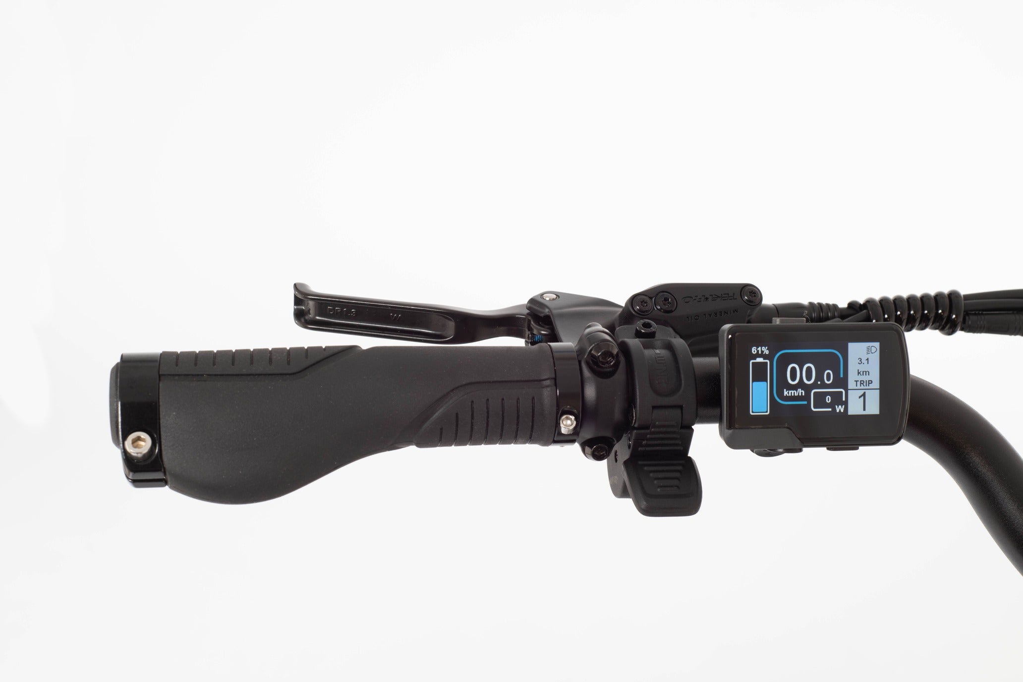 Close-up of an electric bike handlebar with control panel on a white background