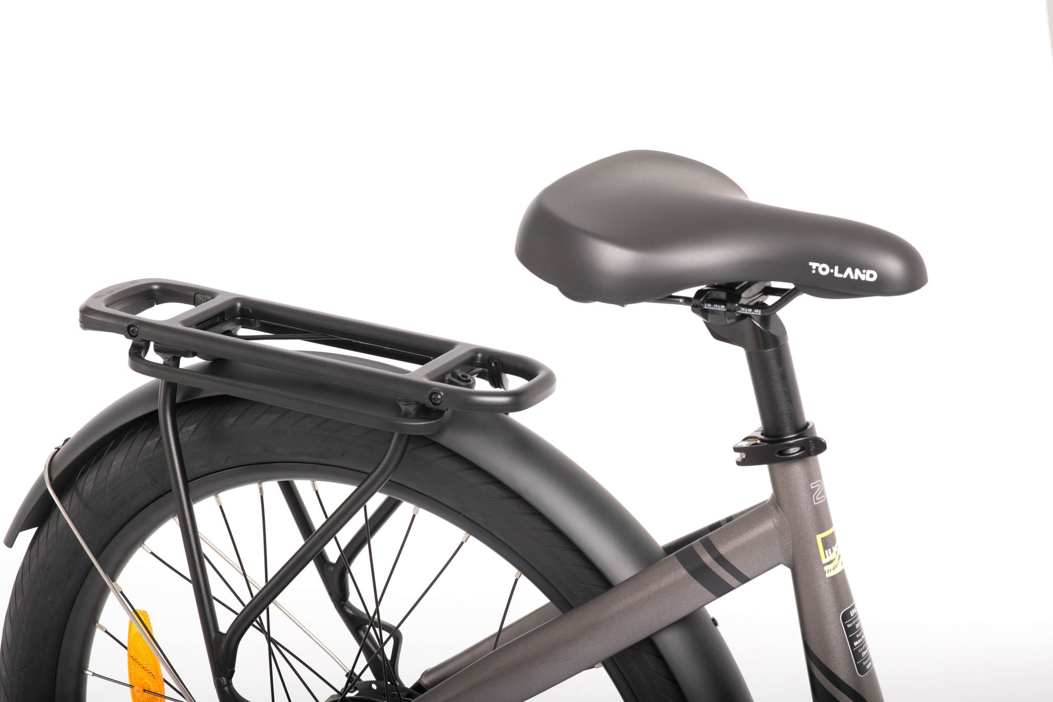 Bicycle with a black seat and rear rack on a white background