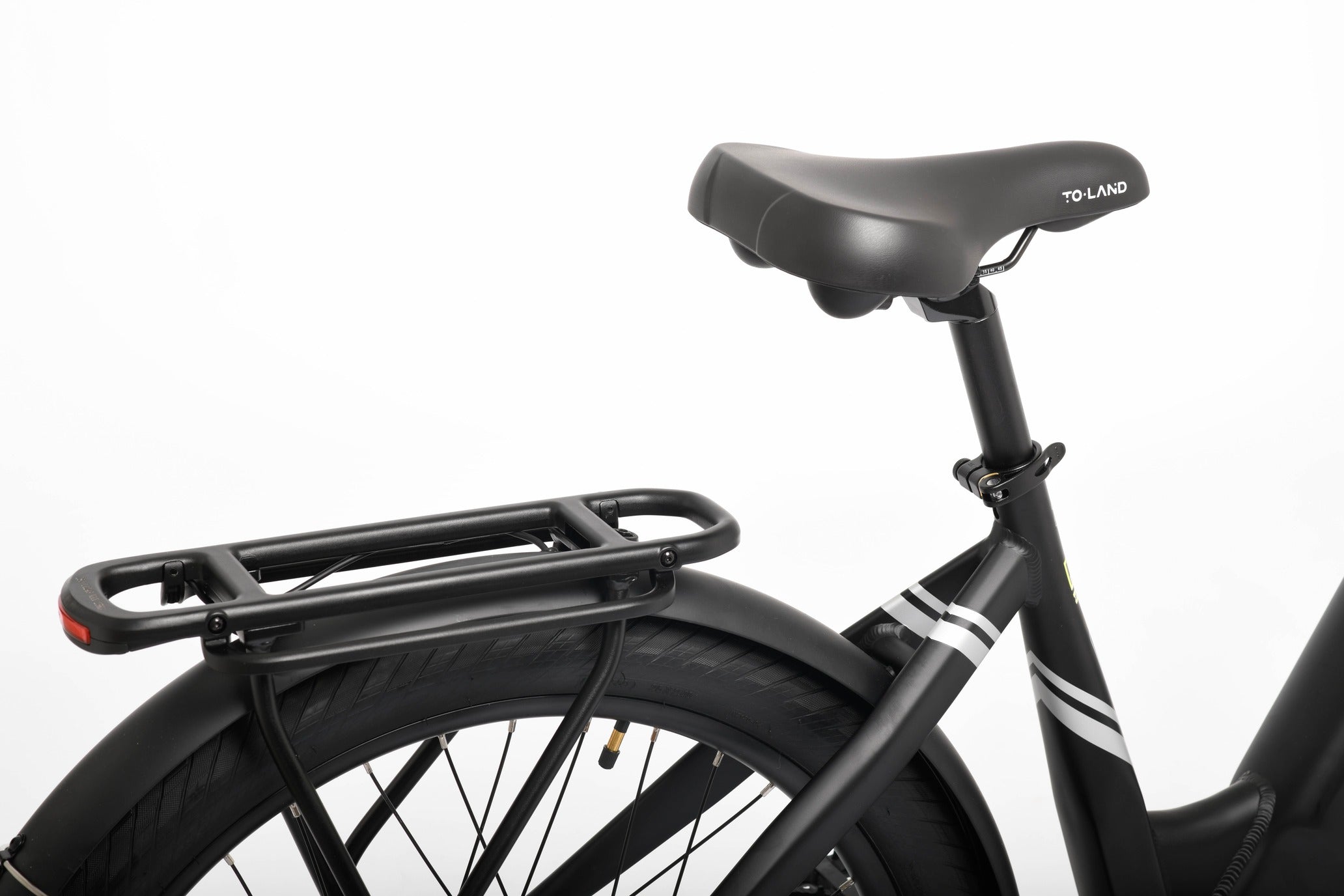 Black bicycle with a seat and rear rack on a white background
