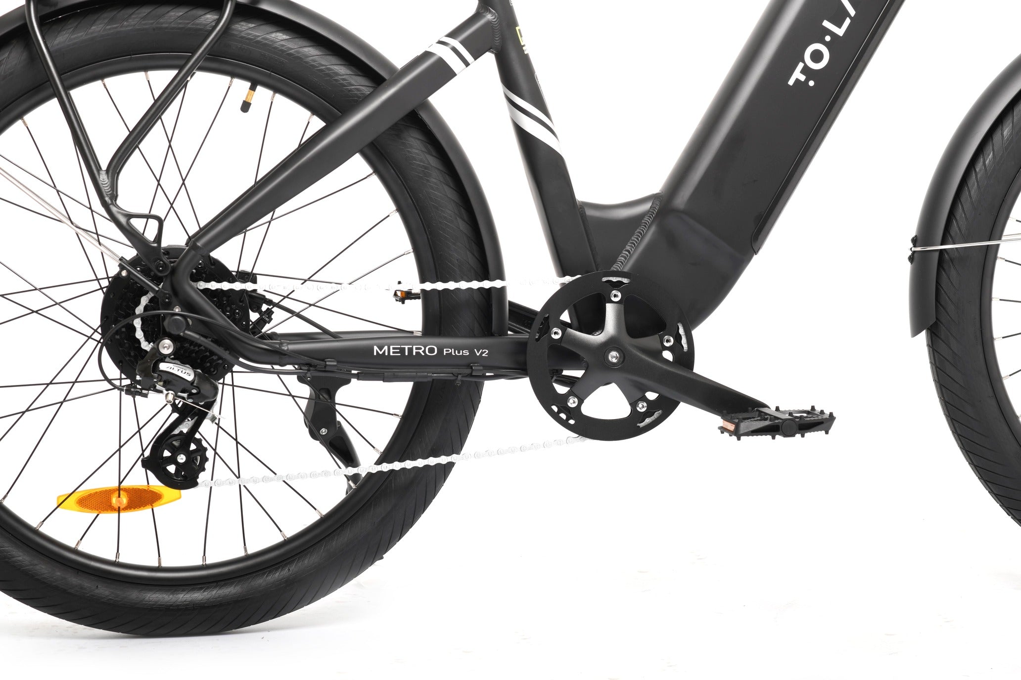 Black electric bike with visible branding on a white background