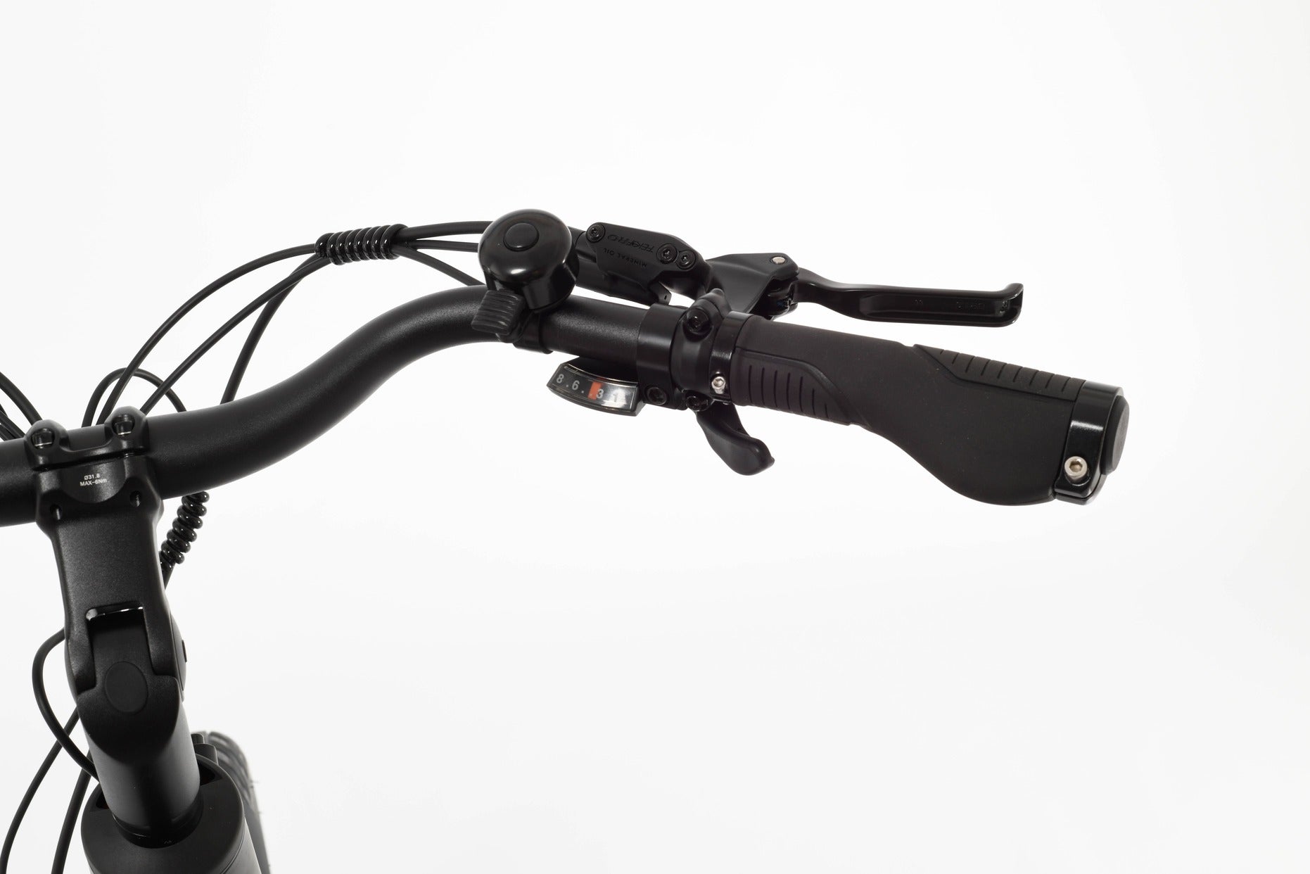 Close-up of a bicycle handlebar with controls on a white background