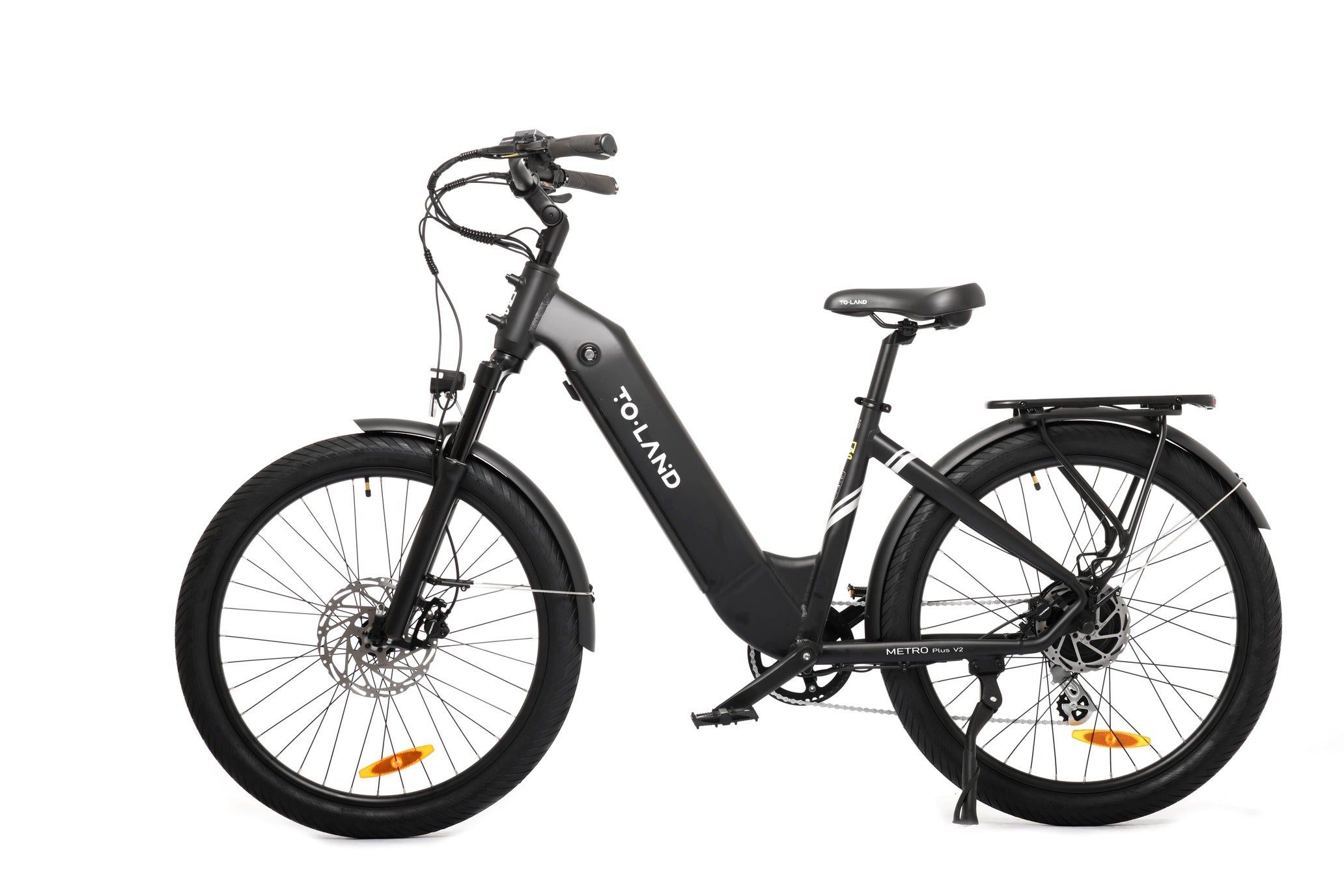 Black electric bicycle with 'Toland' branding on a white background