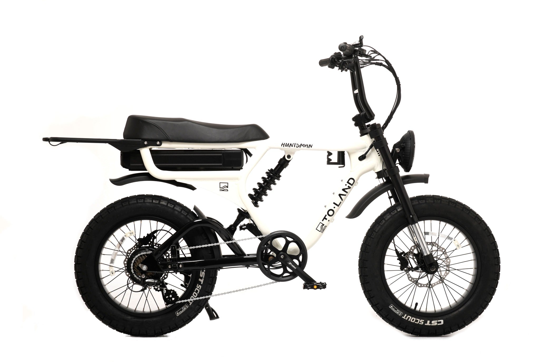 White electric bike with black accents on a white background