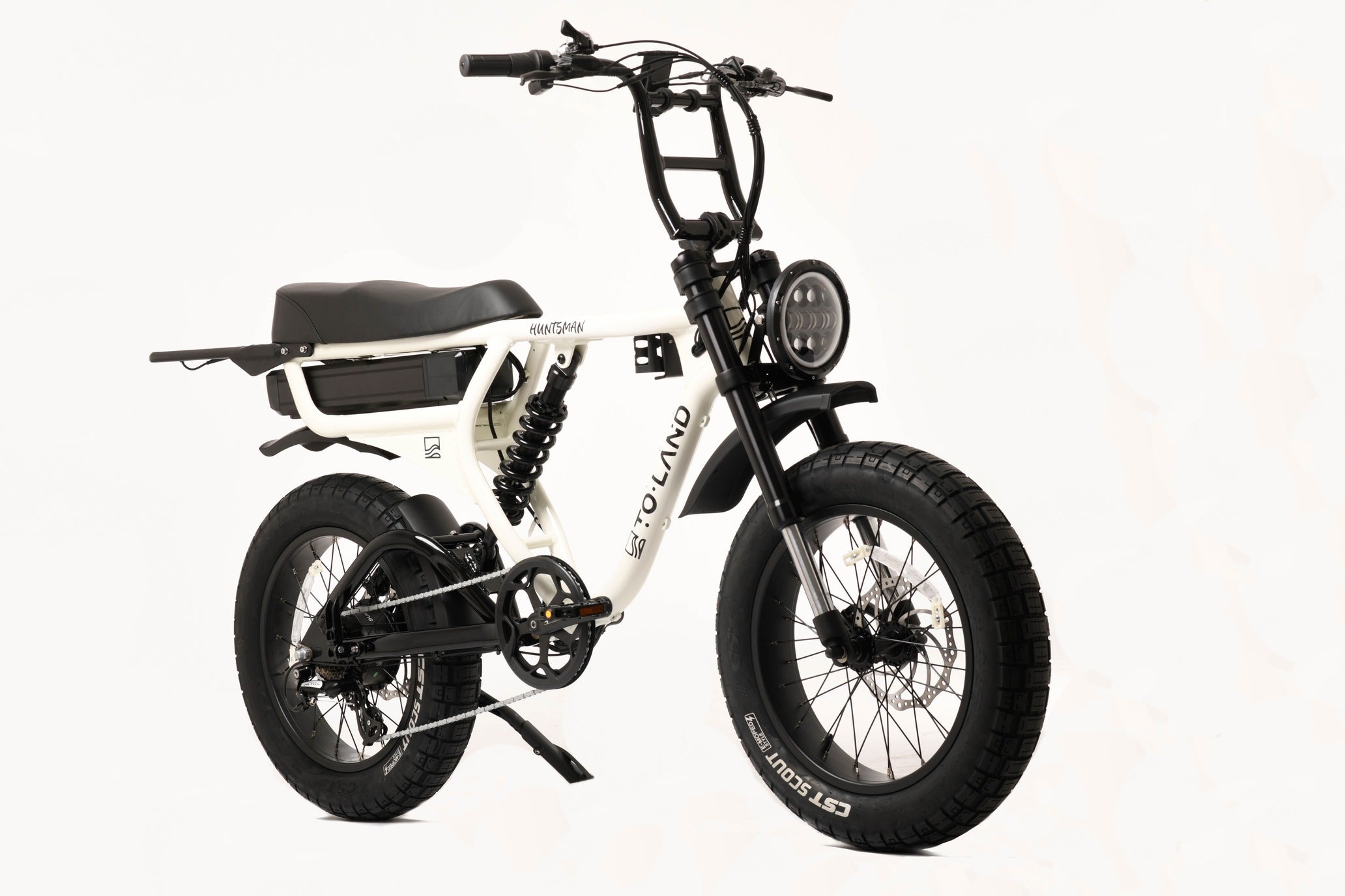 White electric bike with black accents on a white background