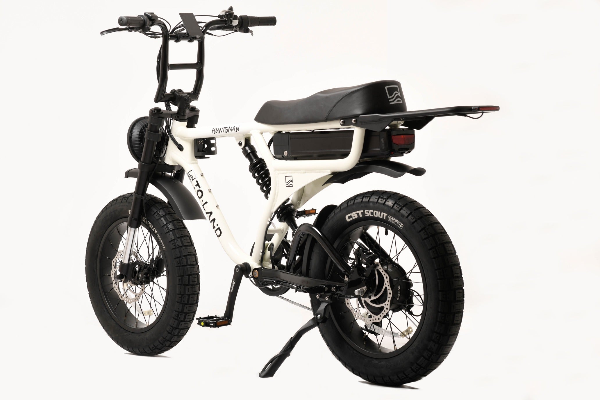 White electric bike with black seat on a white background