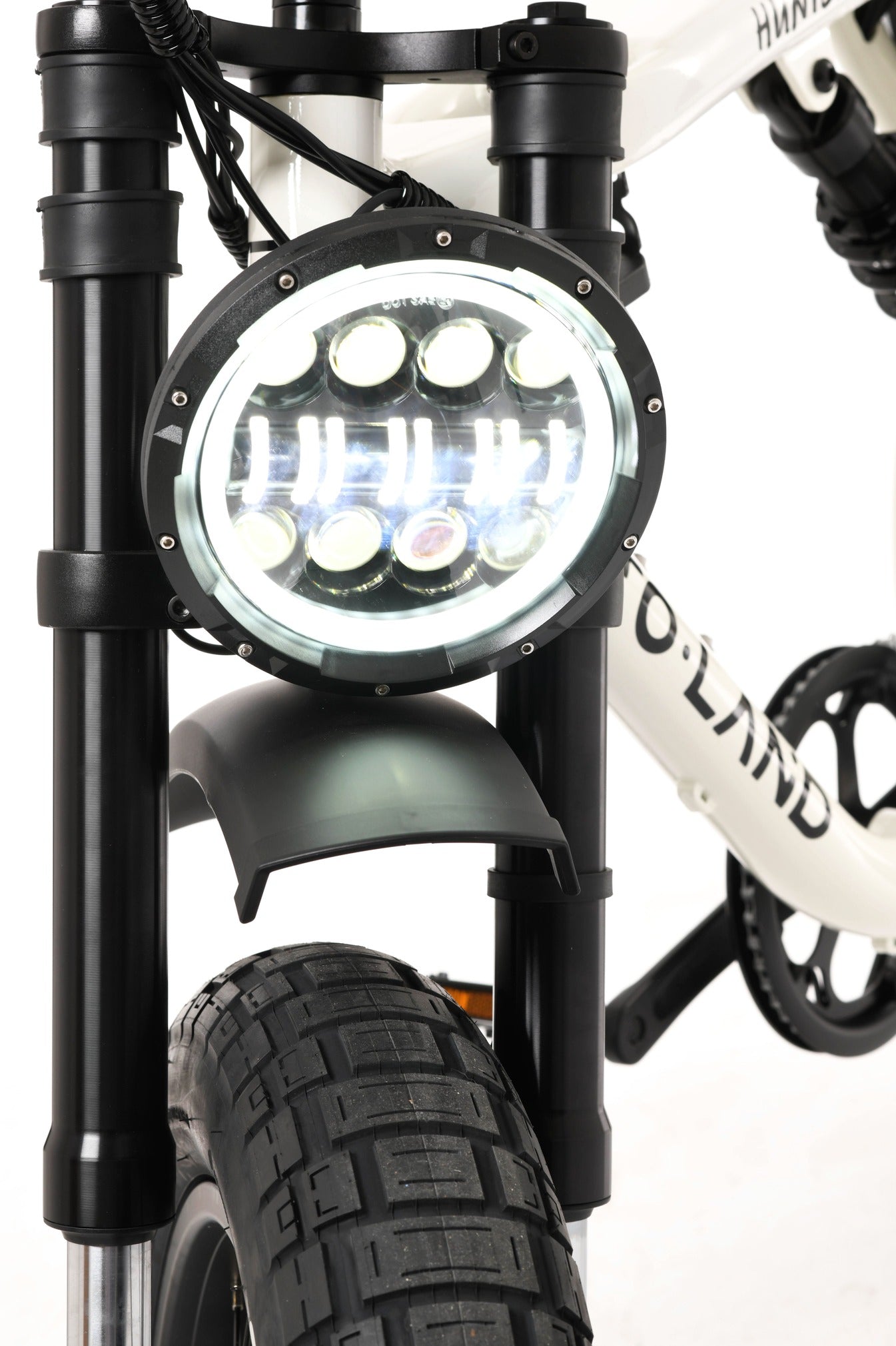 Close-up of an electric bike headlight with 'Huntsman' branding on a white background