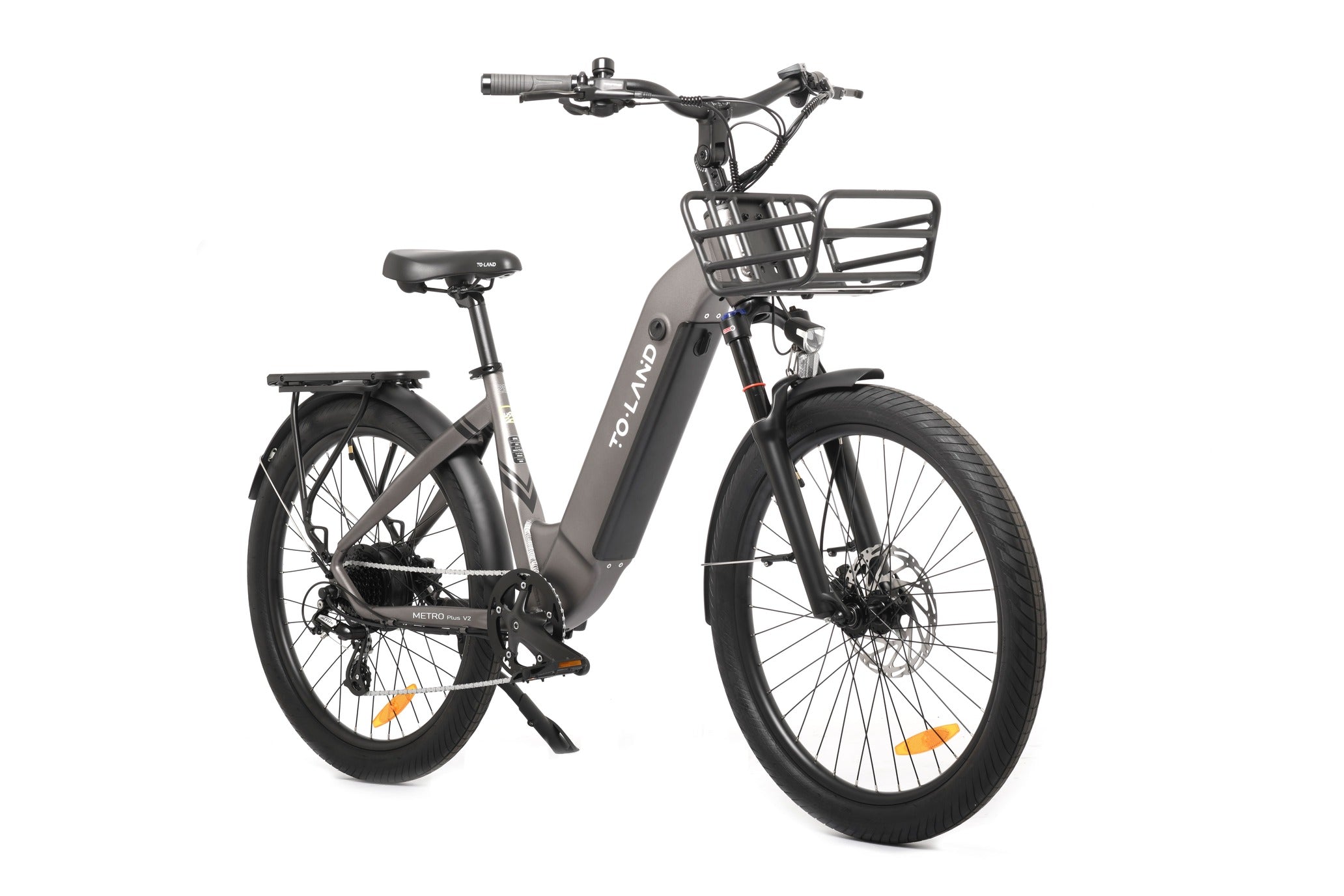 Electric bicycle with a basket on a white background
