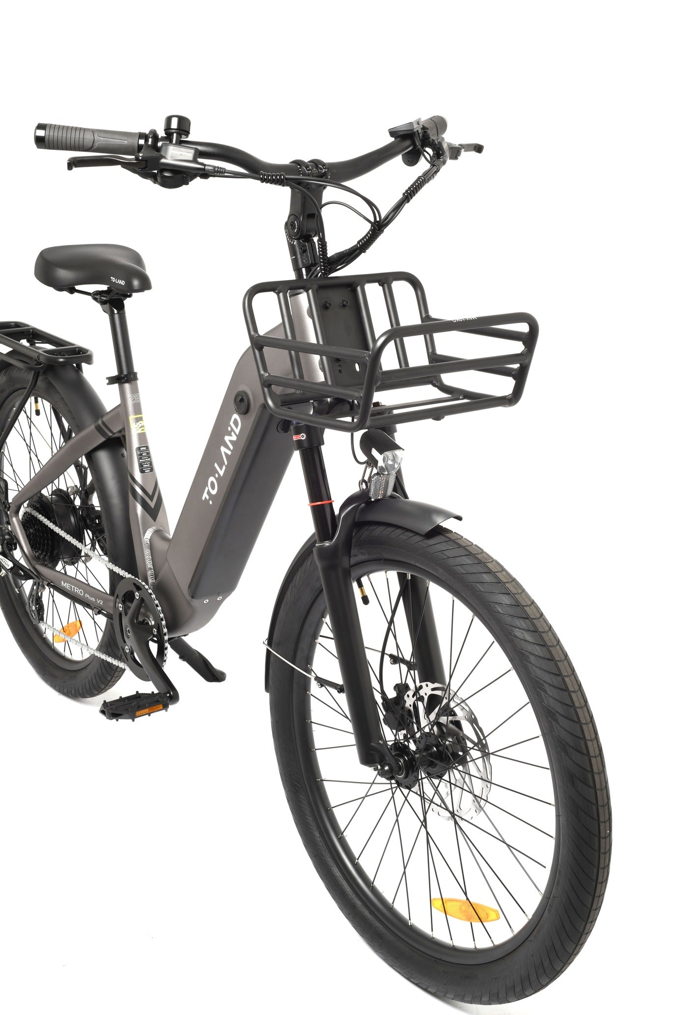 Electric bicycle with a basket on a white background