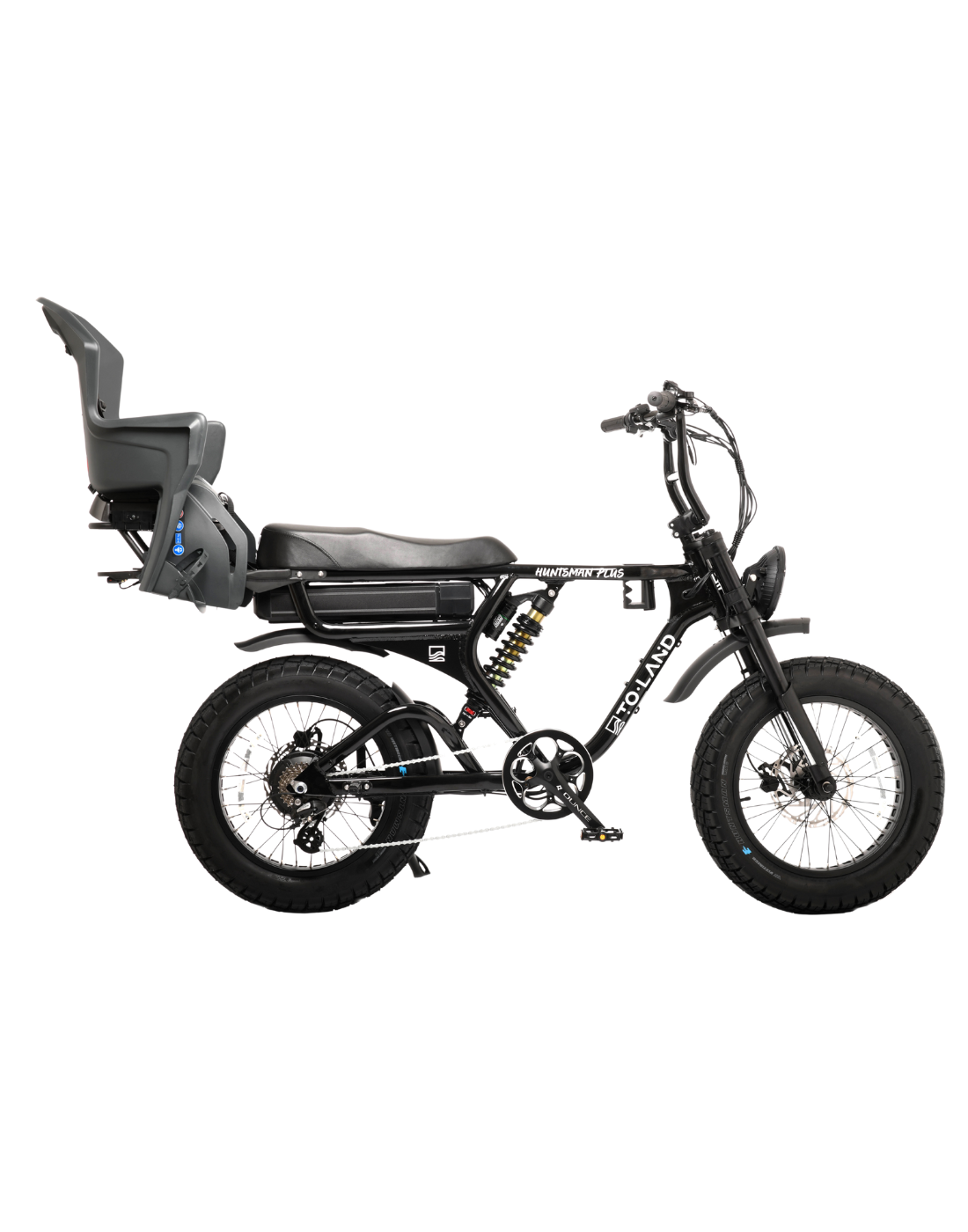 Black electric bike with a child seat on a white background
