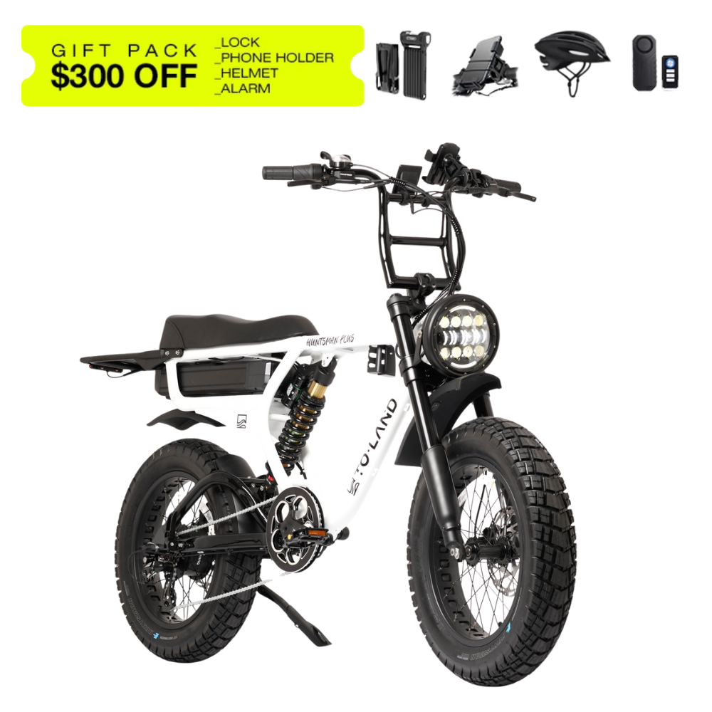 Electric bike with accessories on a white background, including a helmet, lock, phone holder, and alarm.