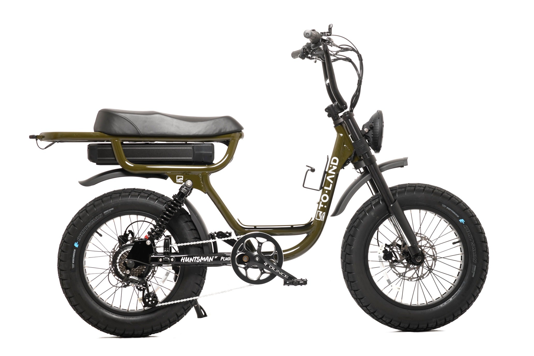 Green electric bike with black seat on a white background