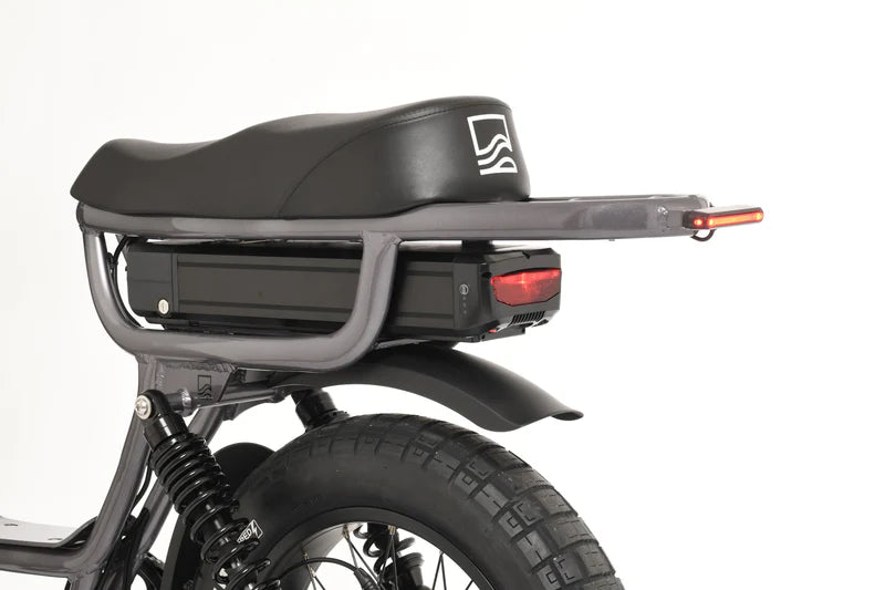 Black electric bike with a storage compartment on a white background
