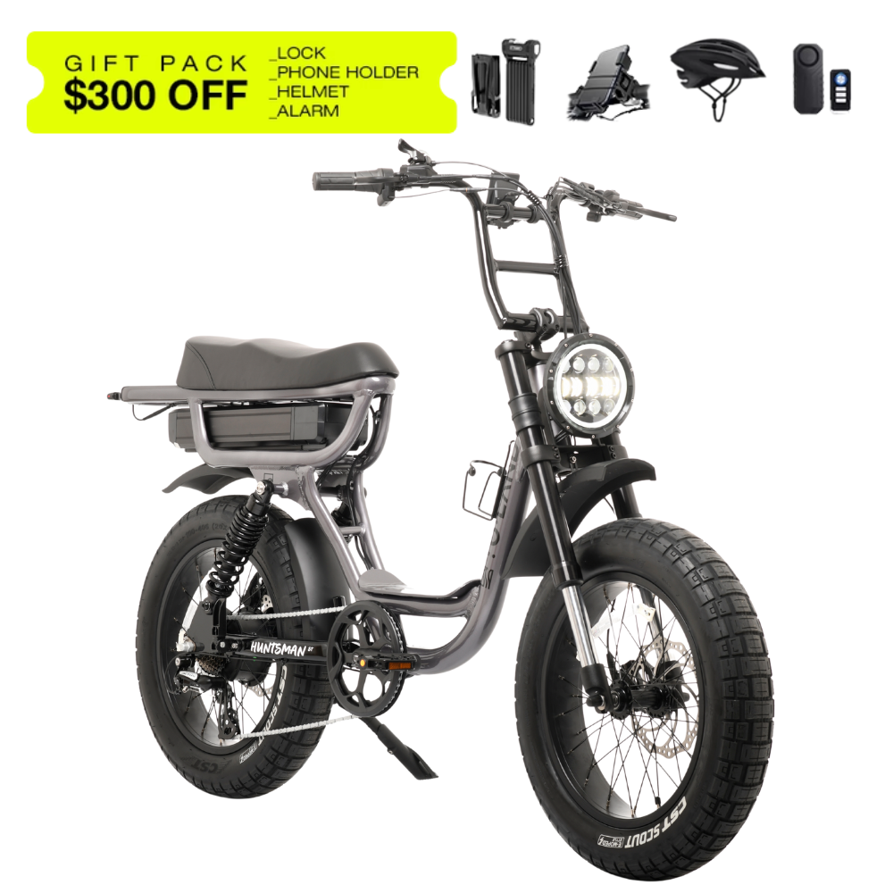 Electric bike with accessories on a white background, including a helmet, lock, phone holder, and alarm.