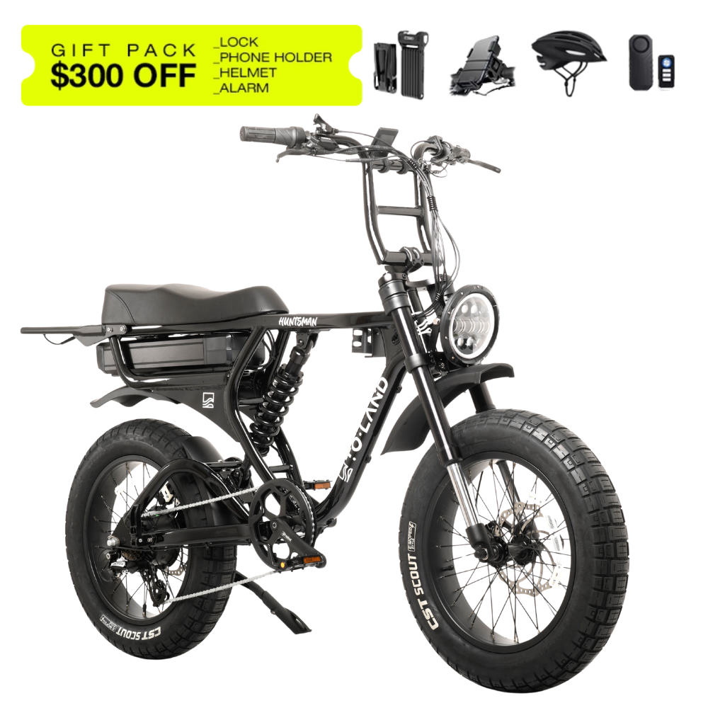Electric bike with accessories on a white background