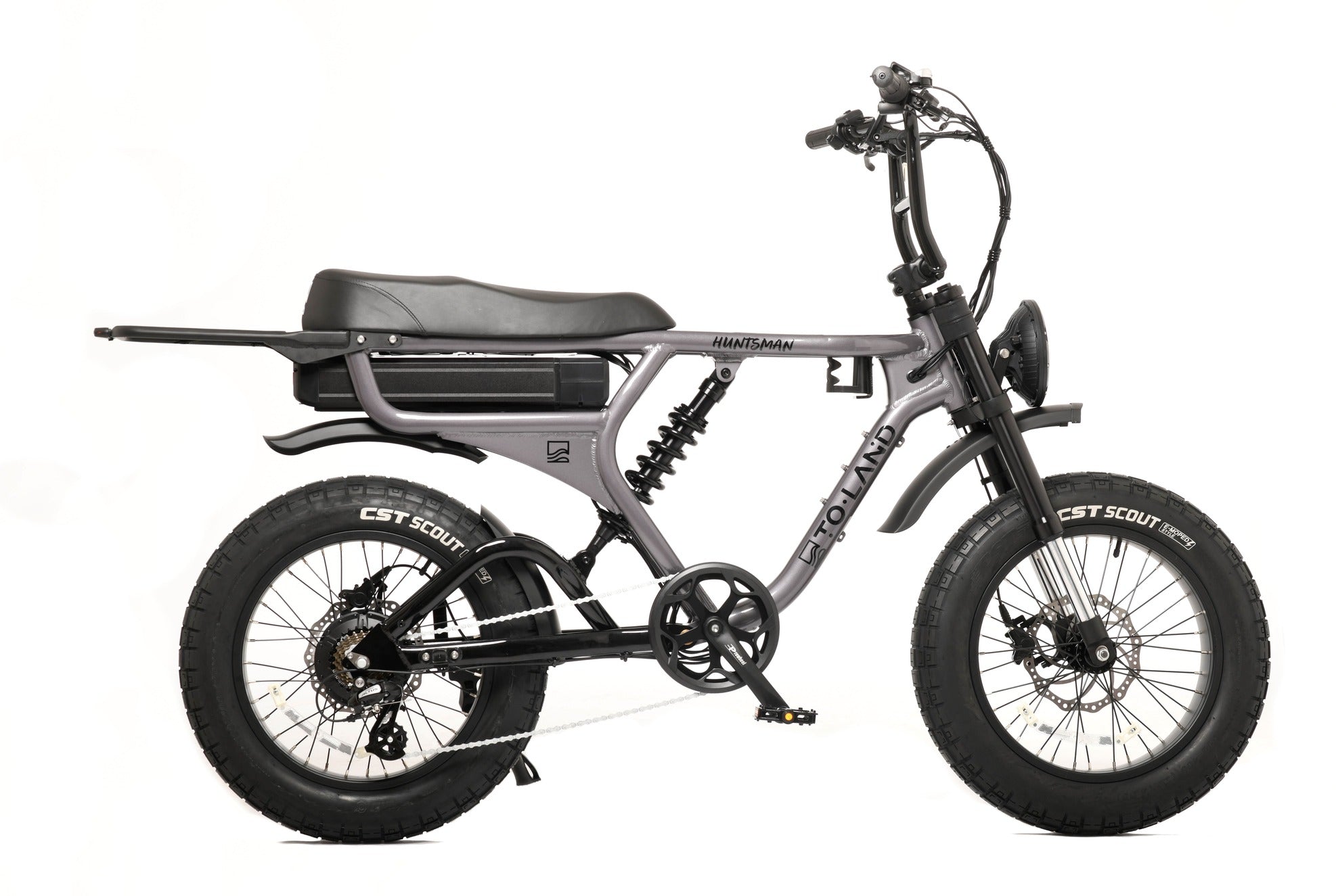 Grey electric bike with fat tyres on a white background