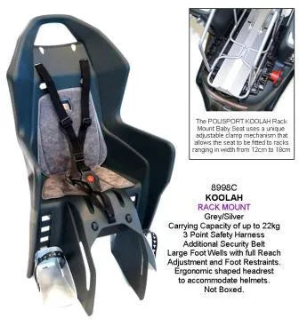 A black Polisport Koolah baby seat for vehicles, featuring a three-point safety harness, large footrests, and adjustable settings. The seat is designed to carry a child from 3-6 years old.