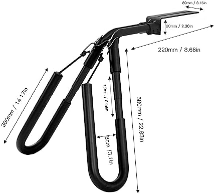 Black metal U-shaped car roof rack with dimensions labeled on a white background
