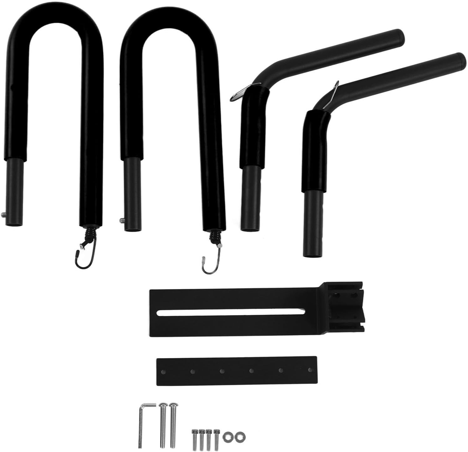 Set of black metal hooks and brackets on a white background