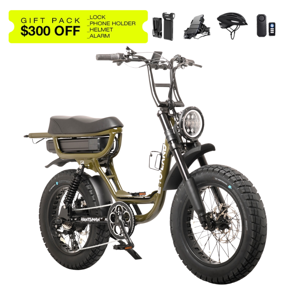 Electric bike with accessories on a white background